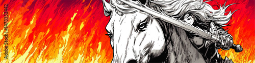 Fierce Warrior Woman Riding White Horse With Sword in Hand Charging Into Battle Amidst Blazing Flames Epic Vector Illustration Fantasy Powerful Heroine Art Graphic