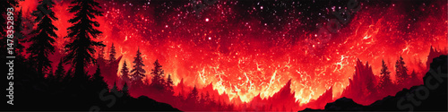 Striking Red Night Sky Illustration with Fiery Forest Fire and Bright Stars Vector Art Landscape of Blazing Pine Tree Silhouette Dramatic Burning Nature Background
