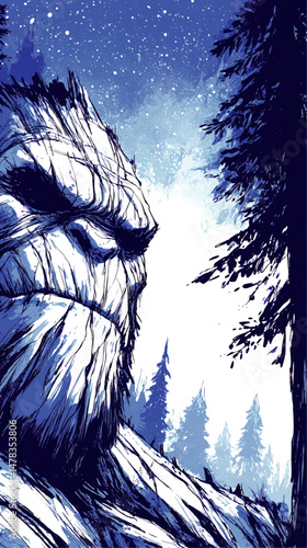 Majestic Fantasy Vector Illustration of Mystical Bigfoot Sasquatch Creature Standing in Snowy Winter Forest Surrounded by Tall Pine Trees Under Starry Blue Night Sky