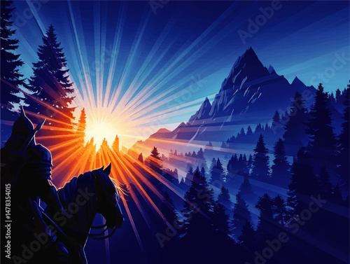 Majestic Vector Illustration of Medieval Knight on Horseback Watching Sunrise Over Mountain and Forest Landscape With Vibrant Rays of Light and Blue Hue Background