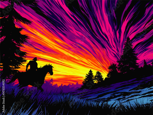Stunning Vector Illustration of Cowboy Riding Horse at Sunset with Dramatic Vibrant Sky and Silhouetted Trees Art for Posters Wallpapers Backgrounds and Western Themes