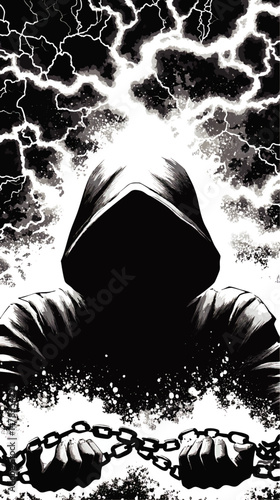 Mysterious hooded figure holding chains with dramatic lightning storm background vector illustration dark fantasy concept art graphic novel style monochrome artwork