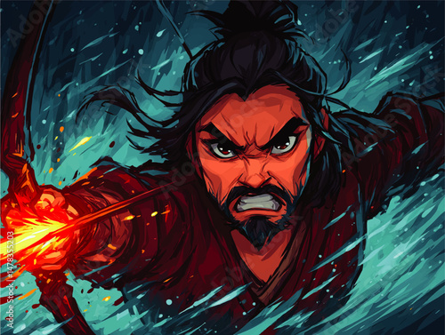 Dynamic Vector Illustration of Fierce Archer Warrior Drawing Flaming Arrow Intense Battle Scene Stunning Digital Artwork Fantasy Hero Concept Blue Fire Background