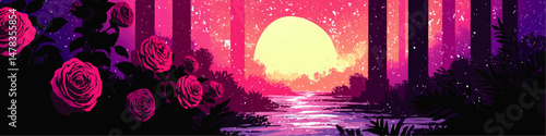 Enchanting Pink Sunset Vector with Blooming Roses Magical Twilight Forest Scenery with Starry Sky Artistic Nature Landscape Purple Floral Mystical Abstract Background