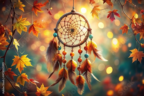 Autumn Dreamcatcher: Bokeh Photography, Dreamcatcher Illustration, Fall Leaves, Bokeh Background, Mystical Decor