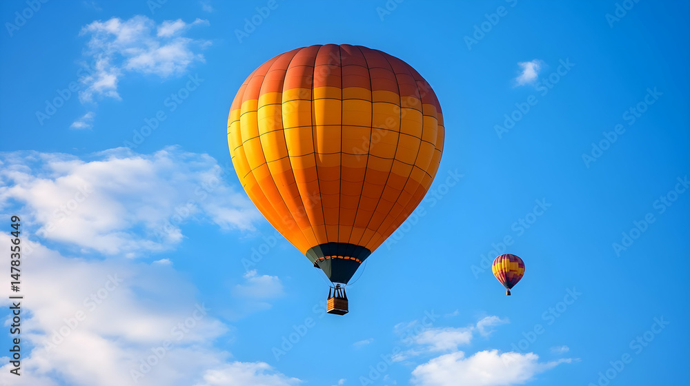 Naklejka premium Elevated journey: Hot air balloons drifting peacefully across a serene blue sky
