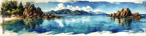Stunning Tropical Seascape Vector Illustration with Crystal Clear Blue Sea Calm Water Rugged Rocky Islands White Sand Beach Greenery and Mountains in the Background