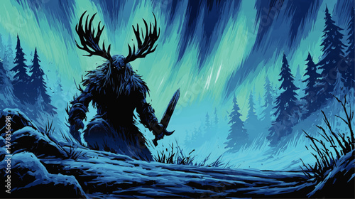 Dark Fantasy Vector Illustration of Mysterious Antlered Warrior Holding Sword Under Northern Lights in Snowy Winter Forest Atmospheric Epic Artwork Design Background