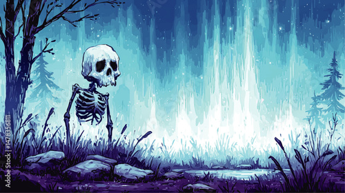 Haunting Mysterious Skeleton in Foggy Forest with Eerie Blue Twilight Sky Vector Illustration for Halloween Horror Fantasy Conceptual Scary Dark Background Design
