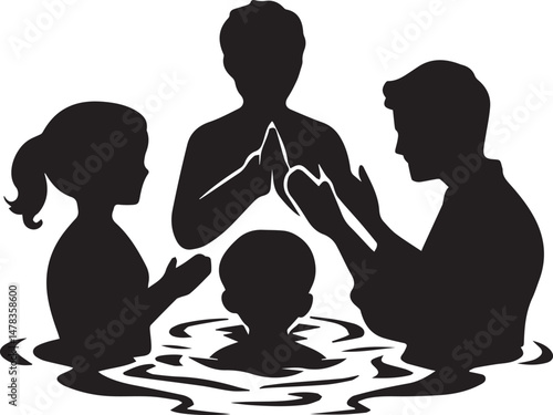 Silhouette of Christian Baptism Ceremony in Water. Religious Faith and Worship Vector Art