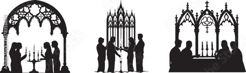 Silhouettes of People Worshipping Inside Gothic Church with Candles. Religious Prayer and Ceremony Vector