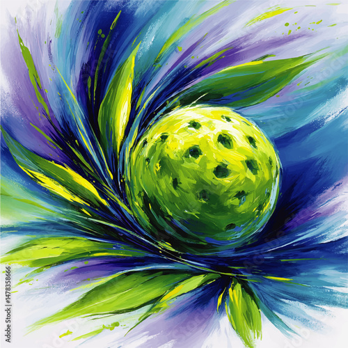 Dynamic Vector Illustration of Vibrant Green Pickleball Ball Surrounded by Abstract Artistic Swirls and Leaves in Blue Purple Green Colors Ideal for Sport Design Projects