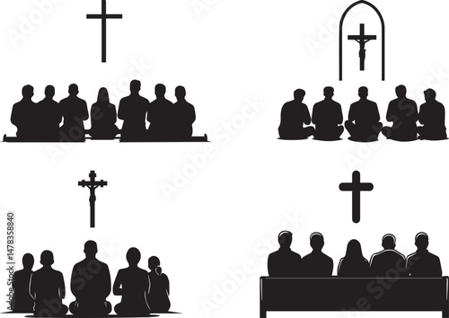 Silhouette of People Praying Under Cross. Christian Worship and Faith Vector Illustration
