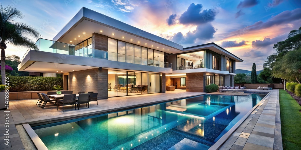 Fototapeta premium Modern Luxury Pool House: Architectural Photography, Glass Walls, Elegant Landscaping, High-Resolution Image