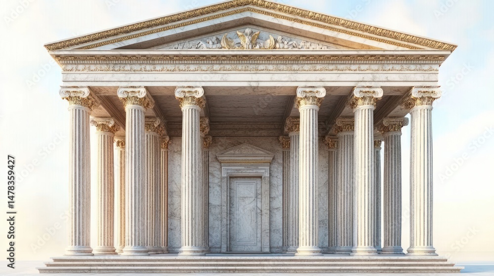 Fototapeta premium grand classical marble building with ornate columns and detailed frieze under a soft sky