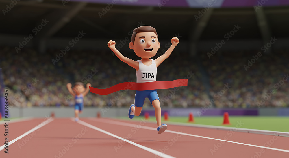 Obraz premium Male Cartoon Athlete Winning a Race with Raised Arms at Finish Line in Outdoor Stadium with Red Track and Blurred Spectators Cheering