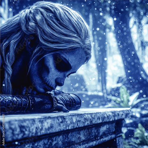 Mystic Fantasy Female Warrior Skull Makeup Sad Expression in Moody Blue Forest Magical Snowfall Scene Vector Art Illustration for Gaming and Graphic Design Projects