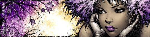 Artistic Vector Illustration Portrait of Thoughtful Beautiful Woman with Purple Hair Surrounded by Abstract Floral Patterns Vibrant Purple and Gold Colors Decorative Art