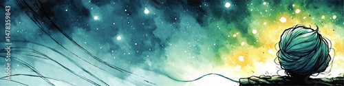 Enchanting Mystical Watercolor Illustration of Night Sky with Stars Galaxy Glowing Lights Surreal Dreamy Fantasy Girl Turquoise Hair Artistic Creative Vector Design