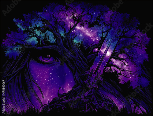 Mystical Fantasy Vector Illustration of Cosmic Woman Face Tree Silhouette Glowing Sword Galaxy Night Magical Starry Sky Epic Purple Blue Spiritual Forest Nature Scene