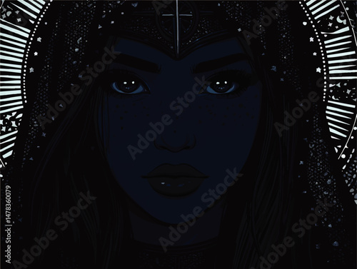 Mystical Fantasy Woman Vector Illustration with Dark Starry Hood and Celestial Elements Portrait of a Magical Feminine Character in Nighttime Cosmic Enchantment Theme