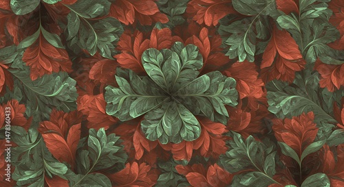 Abstract Botanical Arrangement Emerald and Russet Leaves in Symmetrical Design
