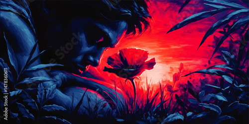 Striking Artistic Vector Illustration Portrait of Sad Man with Red Flower Surrounded by Blue Leaves Dramatic Emotional Dark Vibrant Tone Moody Creative Conceptual Design