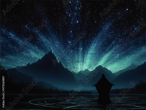 Mystical Vector Illustration of Hooded Figure Performing Ritual Under Majestic Starlit Sky with Mountains and Forest Magic Dark Mysterious Fantasy Spiritual Scenery