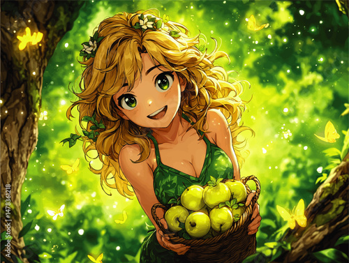 Enchanting anime girl holding basket of green apples in lush fantasy forest with glowing butterflies magical illustration spring nature vibrant digital vector artwork