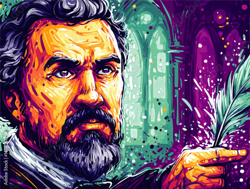 Vibrant Vector Illustration of Artistic Historical Man Holding Quill Feather Pen with Abstract Colorful Background Symbolizing Creativity Imagination Literature and Writing