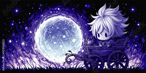Enchanting Vector Illustration of Cute Chibi Anime Character with Wooden Cart Under Glowing Celestial Moon Surrounded by Magical Stars and Galactic Night Sky Background