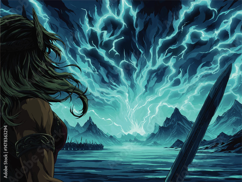 Epic Fantasy Warrior Illustration with Viking Female Hero Facing Stormy Sky and Lightning Sword in Dark Mountainous Landscape for Mythical Battle or Adventure Concept