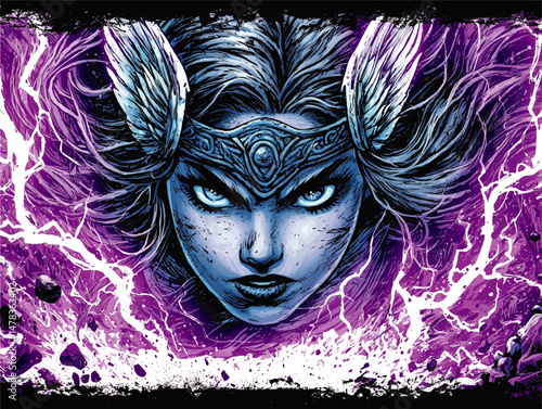 Powerful Mythical Warrior Goddess Vector Illustration with Intense Blue Eyes Ornate Winged Helmet Surrounded by Purple Lightning Storm Epic Fantasy Female Character Art