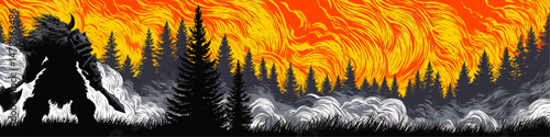 Epic Vector Illustration of Fierce Warrior Standing Amidst Burning Forest Fire with Fiery Sky Background Dramatic Fantasy Battle Barbarian Landscape Art Graphic Design