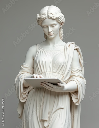 women greek statue with laptop