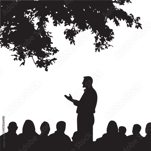 Silhouette of Outdoor Preacher Speaking to Audience Under Tree in Open-Air Gathering