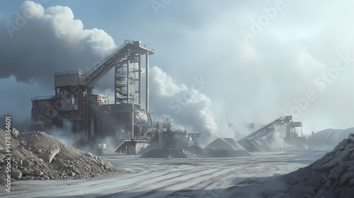 Industrial site with machinery processing aggregates and piles of materials. [Dust Opera] | Smoke Cantata | ethereal chorus. Illustration