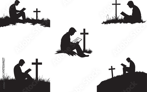 Silhouette of Man Reading or Praying Near Cross Outdoor Faith and Spiritual Reflection Scene