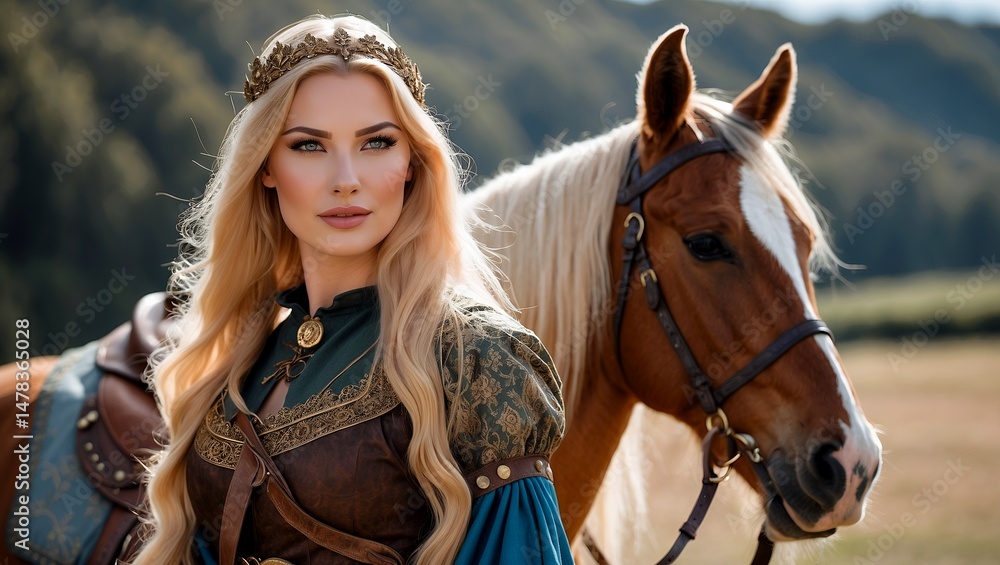Obraz premium Elegant woman in medieval costume with beautiful horse