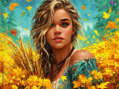 Stunning Vector Illustration of Beautiful Young Woman with Freckles in Golden Wheat Field Surrounded by Colorful Autumn Leaves and Vivid Nature Background Art Scene