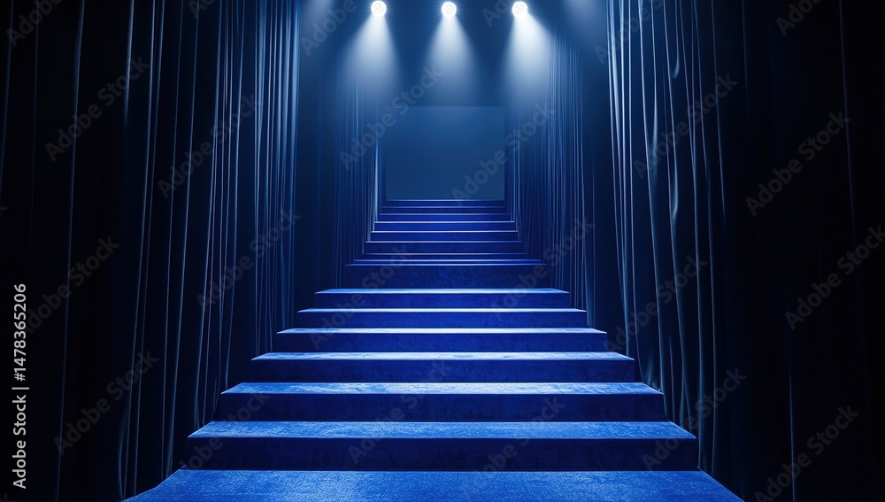 Fototapeta premium Blue Stairway In Dark Corridor With Spotlight