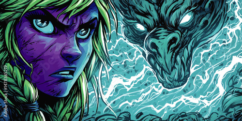 Epic Fantasy Vector Illustration of Brave Female Warrior Facing Fierce Magical Dragon with Glowing Eyes in Electric Battle Scene Dark Mystical Adventure Graphic Art