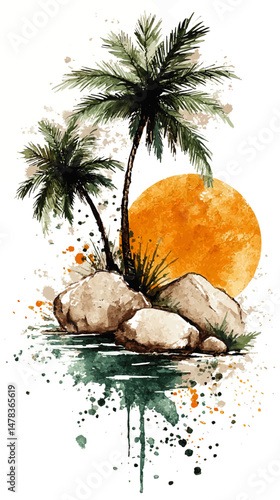 Tropical Paradise Vector Illustration with Watercolor Palm Trees Rocks Orange Sunset Reflection in Water Exotic Island Beach Scene Nature Background for Design Graphics