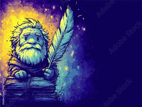 Creative vector illustration elderly wise old writer holding feather quill pen writing ancient books storytelling fantasy literature vibrant neon colors concept design
