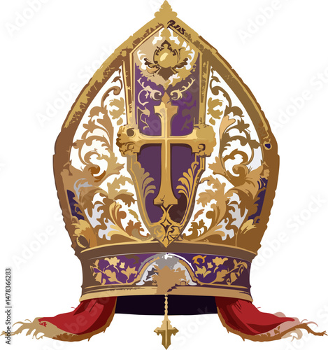 Royal Purple and Gold Papal Mitre Vector – Ornate Catholic Bishop Hat with Embroidered Cross and Baroque Details Isolated on White