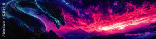 Mystical Fantasy Dragon Art with Epic Neon Colors Glowing Magical Creature on Rocky Mountain Against Dramatic Pink Purple Sunset Clouds Digital Art Illustration