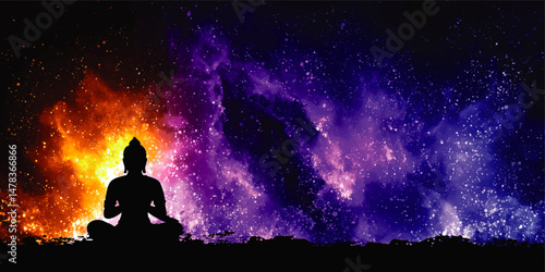Cosmic Meditation Silhouette with Buddha Sitting in Lotus Pose on Mystical Nebula Background Illustration for Spiritual Mindfulness Yoga Zen and Universe Concept Design