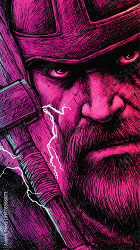 Bold Vector Illustration of Viking Warrior Holding Hammer with Lightning Sparks in Vibrant Pink and Purple Colors Stunning Detailed Fantasy Art for Posters and Prints