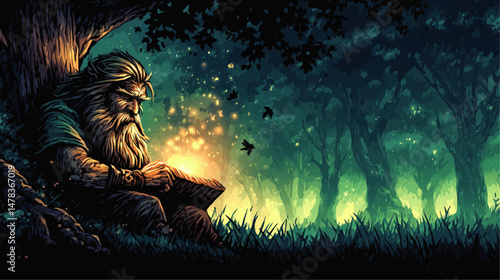 Mystical Vector Illustration of Wise Old Wizard Reading Magical Glowing Book Under Ancient Tree in Enchanted Fantasy Forest with Birds and Luminous Green Background