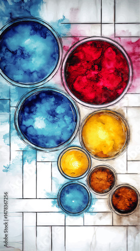 Abstract Artistic Watercolor Background with Vibrant Blue Red and Yellow Paint in Glass Jars on Stylish White Tiles Creative Art and Design Vector Illustration graphic